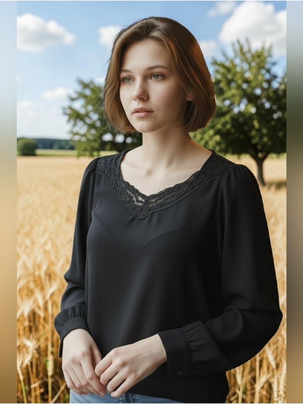 Kemmerer Vintage Black Lace Trim V-Neck Long Sleeve Top #BL23